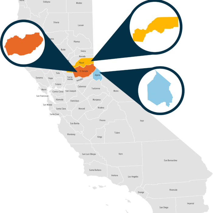 A map of California and its county lines, with the counties El Dorado, Alpine, and Placer highlighted
